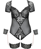 Cottelli Lingerie black sheer mesh crotchless bodysuit with wrist cuffs