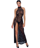 Noir Handmade black sheer mesh dress with flock print