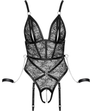 Bondage by Cottelli Fleurona black crotchless bodysuit with wrist cuffs