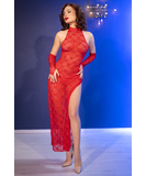 Chilirose CR 4853 raudona nėriniuota suknelė ir pirštinės