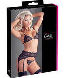 Cottelli Lingerie juodas nėriniuotų apatinių komplektas iš 3 dalių su laikikliais kojinėms