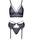 Cottelli Lingerie black lace suspender lingerie set with purple embroidery