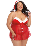 Dreamgirl Santa Baby sarkans caurspīdīgs babydoll ar cepuri