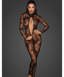 Noir Handmade black sheer mesh catsuit with flock print