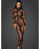 Noir Handmade black sheer mesh catsuit with flock print