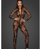 Noir Handmade black sheer mesh catsuit with flock print