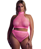 Ouch! Glow neon pink net crop top & briefs