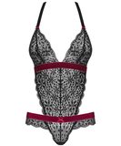 Obsessive Rossita black lace bodysuit with burgundy bands