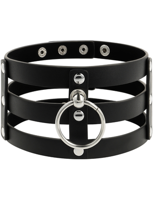 Coquette black leatherette cage choker with ring