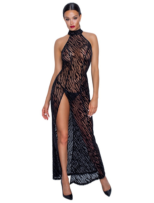 Noir Handmade black sheer mesh dress with flock print