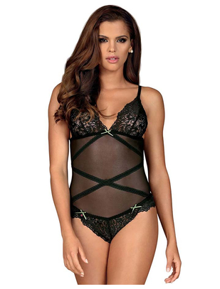 Obsessive Bondea black sheer mesh bodysuit with lace