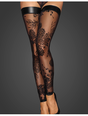 Noir Handmade black footless hold-up stockings with flock print