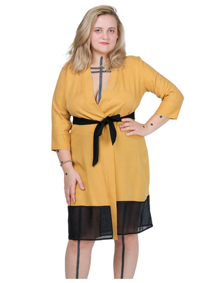 MAKE yellow tencel robe with black sheer hem