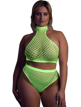 Ouch! Glow neon green net crop top & briefs