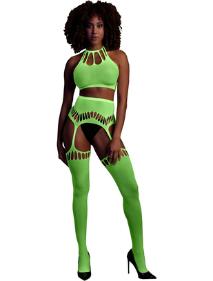 Ouch! Glow neon green net crop top & crotchless tights