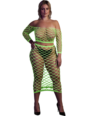 Ouch! Glow neon green net crop top & skirt