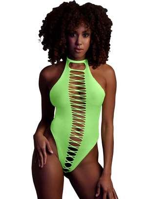 Ouch! Glow neon green net crotchless bodysuit