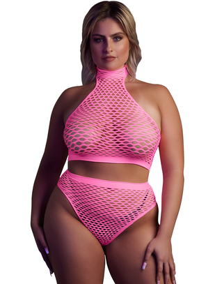 Ouch! Glow neon pink net crop top & briefs