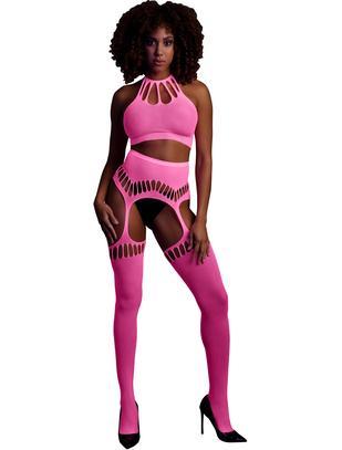 Ouch! Glow neon pink net crop top & crotchless tights