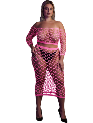 Ouch! Glow neon pink net crop top & skirt