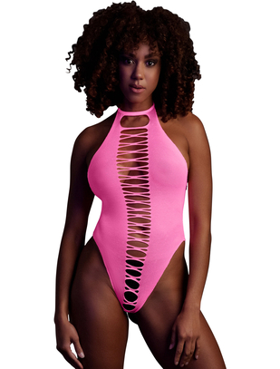 Ouch! Glow neon pink net crotchless bodysuit