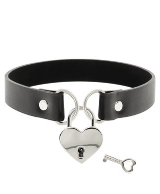 Coquette black leatherette heart padlock choker - Black