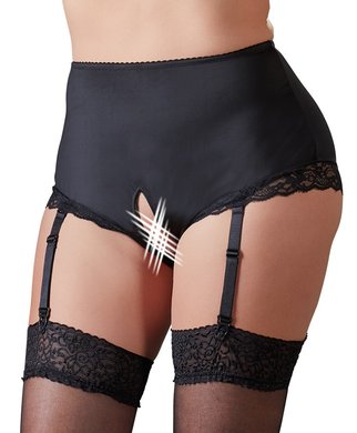 Cottelli Lingerie juodos kelnaitės atviru tarpkoju su laikikliais kojinėms - XL