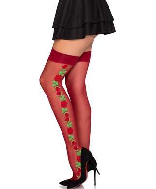 Leg Avenue Roselle sarkanas zeķes ar puķainu rakstu - S-L